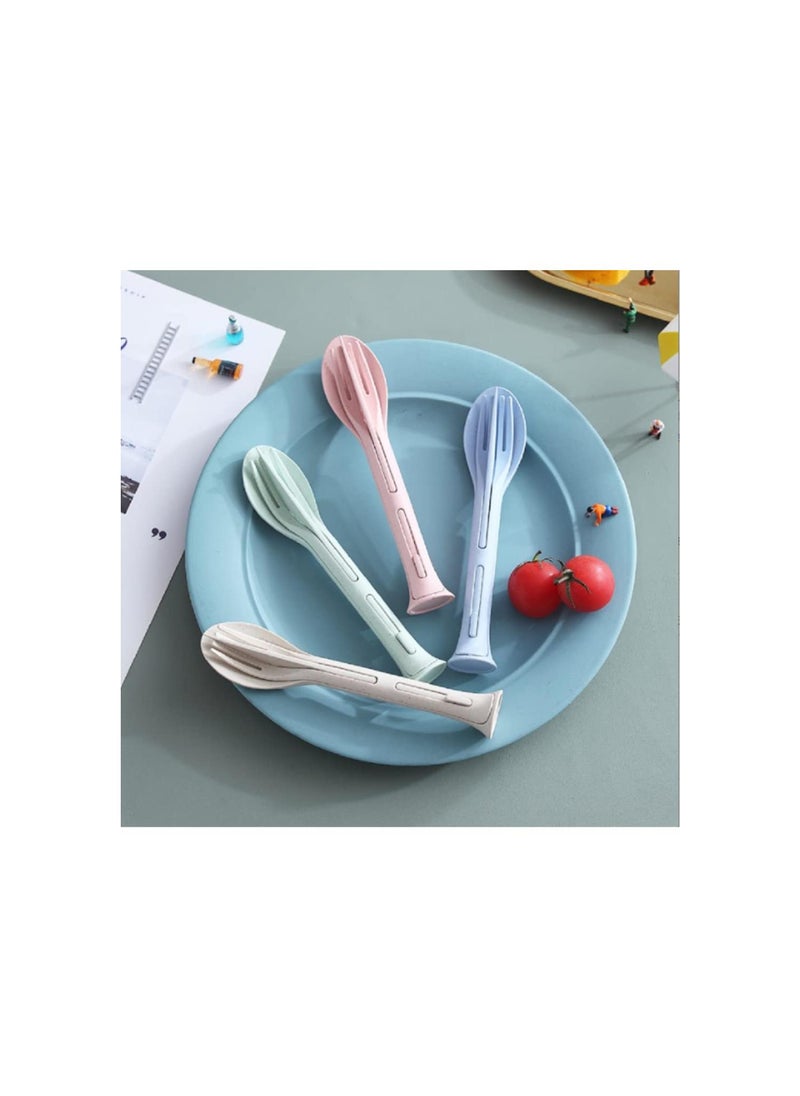 Generic - 4 Sets of Wheat Straw Cutlery Reusable Utensils Set Portable Travel 3 in 1 Spoon Fork Knife Tableware Eco-Friendly BPA Free Flatware for Kids Adults Travel Picnic Camping 4 Colors - Image 1