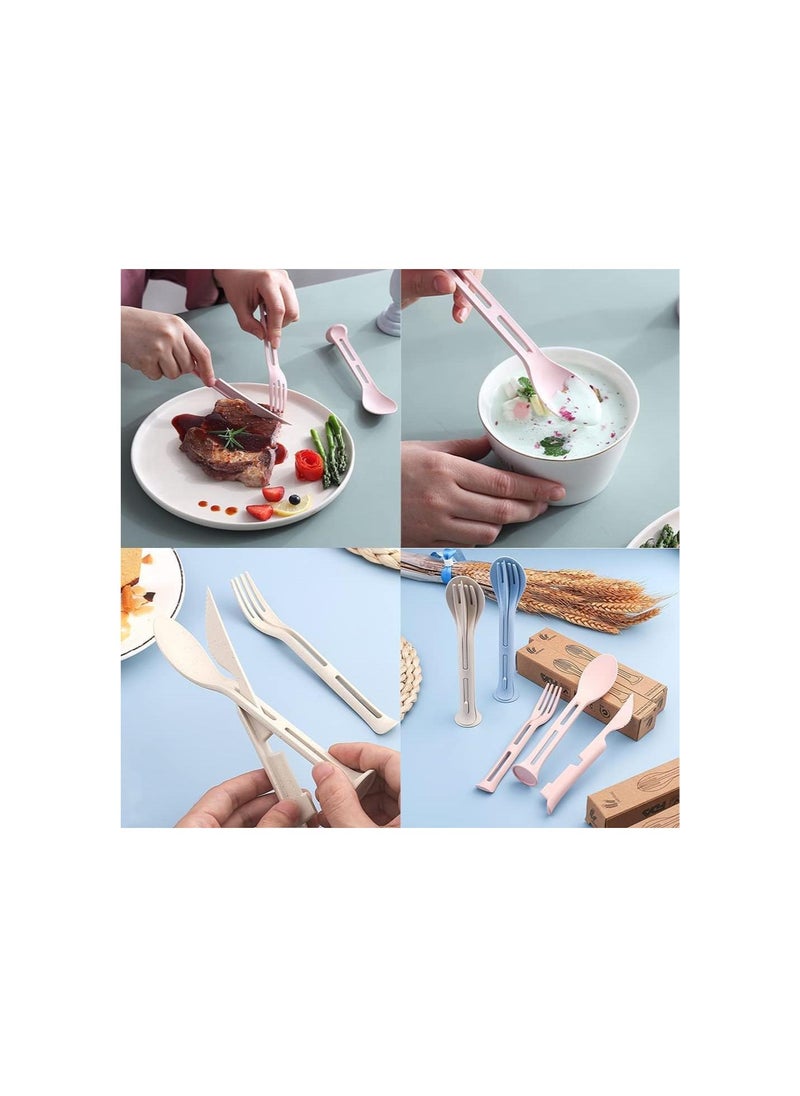 Generic - 4 Sets of Wheat Straw Cutlery Reusable Utensils Set Portable Travel 3 in 1 Spoon Fork Knife Tableware Eco-Friendly BPA Free Flatware for Kids Adults Travel Picnic Camping 4 Colors - Image 1