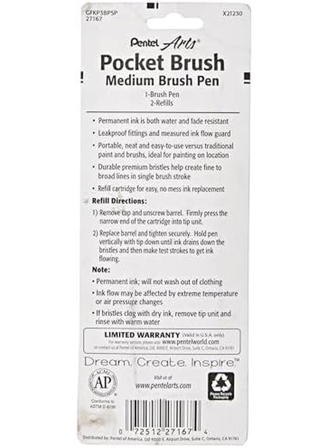 Pentel Arts Pocket Brush Pigment Ink Pen W Refills 1 Pocket Brush Pen 2 Pigment Ink Refills Sepia Gfkp3Bpsp Black - Image 2