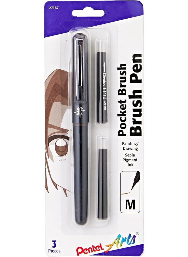 Pentel Arts Pocket Brush Pigment Ink Pen W Refills 1 Pocket Brush Pen 2 Pigment Ink Refills Sepia Gfkp3Bpsp Black - Image 1