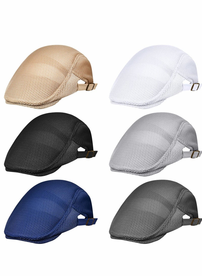 Y&D Men's Mesh Flat Cap, Berets, Breathable Summer Newsboy Hat, Adjustable Duckbill Ivy Cap Cabbie for Driving Hunting (6 Pcs)