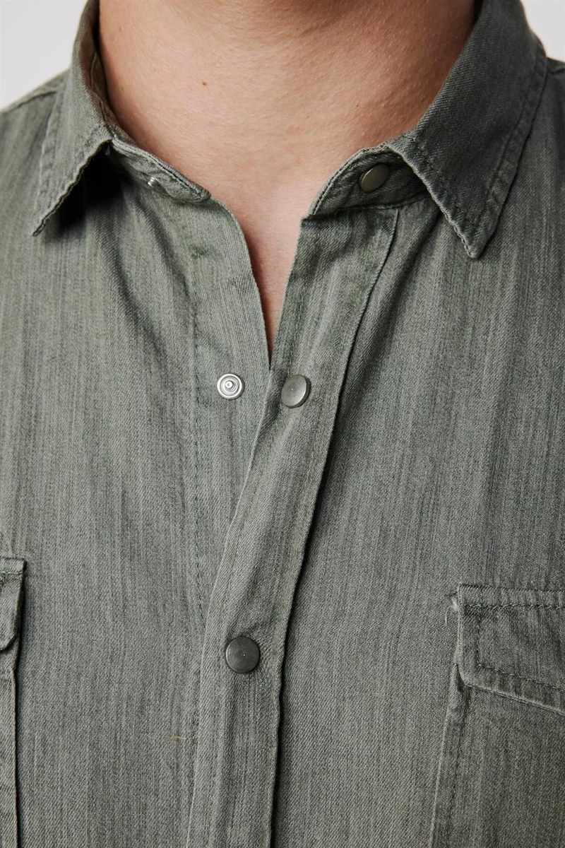 Tudors Slim Fit Long Sleeve Denim Double Pocket Snap Fasten Denim Men's Khaki Shirt