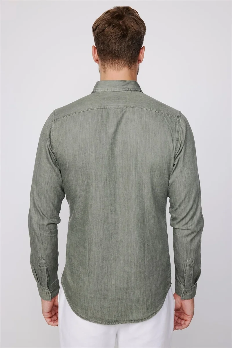 Tudors Slim Fit Long Sleeve Denim Double Pocket Snap Fasten Denim Men's Khaki Shirt