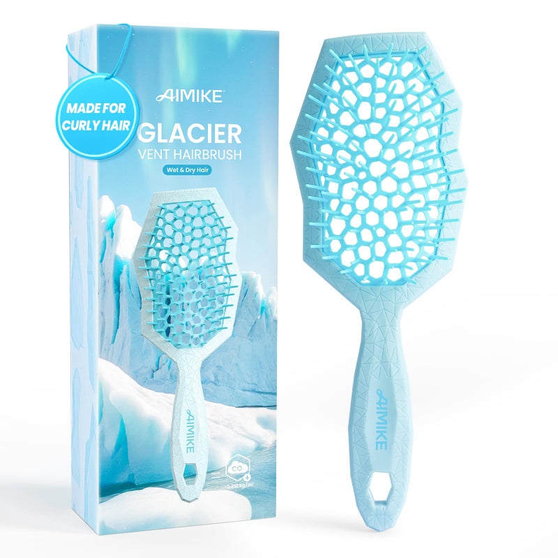 AIMIKE Glacier Detangling Brush, Pain-Free Detangler Brush for Curly Hair Wet & Dry Use, Glide Through Tangles with Ease, Vented Hairbrush for Women's 2c to 4c Curls, Blue - Image 1