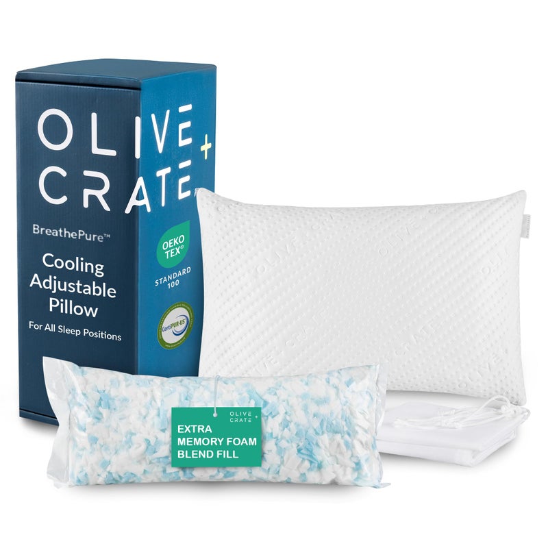 Olive + Crate BreathePureâ„¢ Adjustable Cooling Shredded Memory Foam Pillow - Breathable Bamboo Viscose Cover for Temperature Control - Gel Pillows for Side Sleepers - Queen Size - Image 1