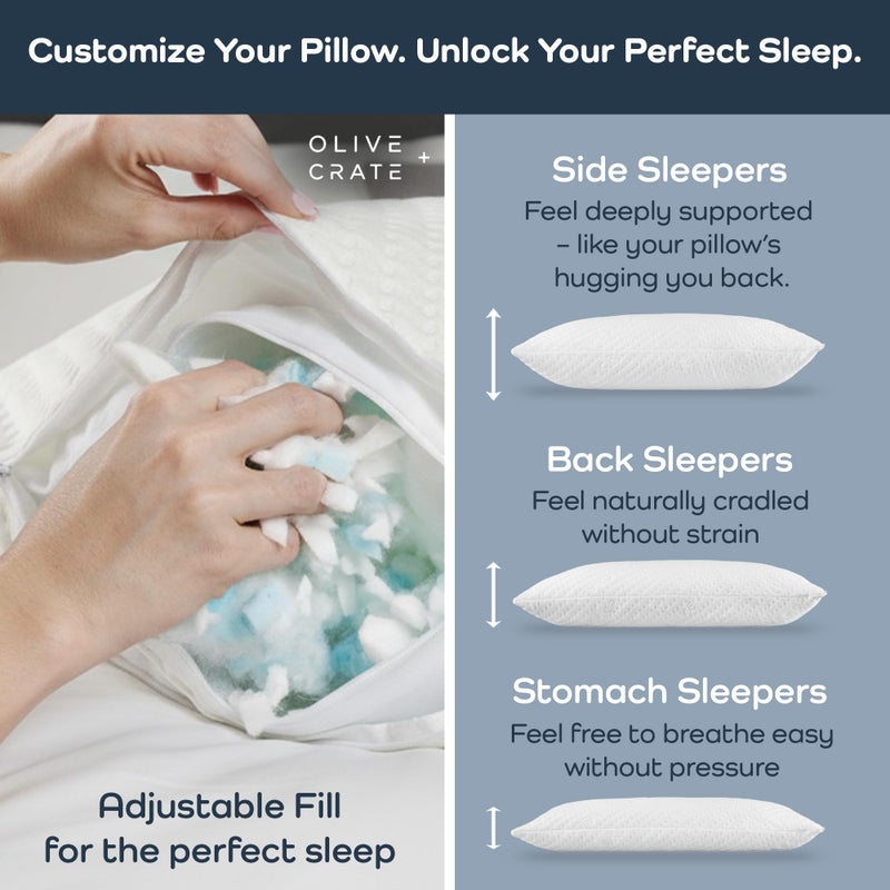 Olive + Crate BreathePureâ„¢ Adjustable Cooling Shredded Memory Foam Pillow - Breathable Bamboo Viscose Cover for Temperature Control - Gel Pillows for Side Sleepers - Queen Size - Image 4