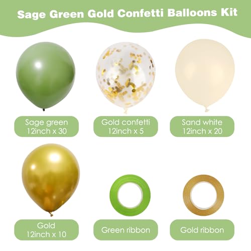 RUBFAC 65 Pcs 12 Inches Sage Green Gold Confetti Balloons Kit, Green Gold Sand White Party Balloons with Ribbons for Tiana Birthday, Wedding, Baby Shower, Graduation, Eucalyptus Party Decorations - Image 2