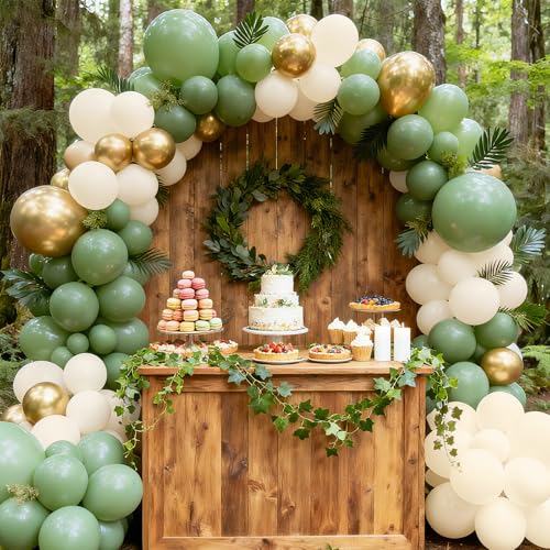 RUBFAC 65 Pcs 12 Inches Sage Green Gold Confetti Balloons Kit, Green Gold Sand White Party Balloons with Ribbons for Tiana Birthday, Wedding, Baby Shower, Graduation, Eucalyptus Party Decorations - Image 5