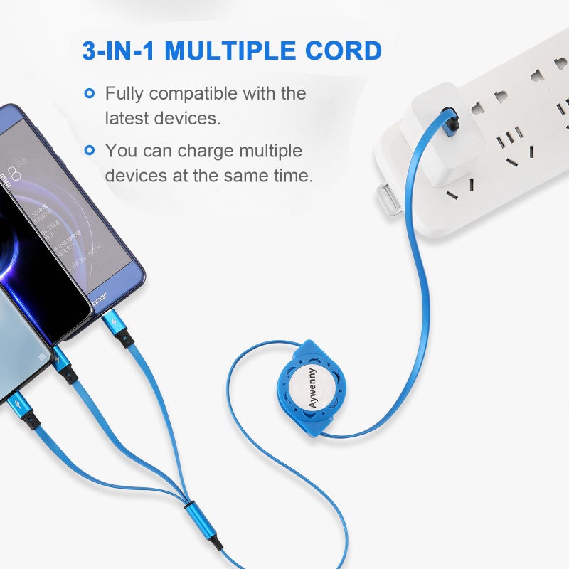Aywenny USB Type C Retractable Cable Fast Charging[3.3Ft 3-Pack],USB A to C Charger Cable,QC 3.0 Sync Data Charger Cord with 3 USB C Port Fits for iPhone17 16 15 Pro Max Plus, Pad, Galaxy S23 (Blue) - Image 4