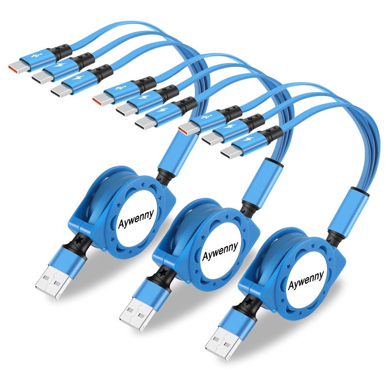 Aywenny USB Type C Retractable Cable Fast Charging[3.3Ft 3-Pack],USB A to C Charger Cable,QC 3.0 Sync Data Charger Cord with 3 USB C Port Fits for iPhone17 16 15 Pro Max Plus, Pad, Galaxy S23 (Blue) - Image 1