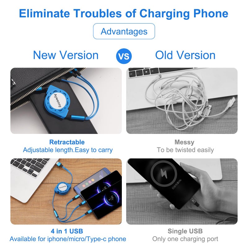 Aywenny USB Type C Retractable Cable Fast Charging[3.3Ft 3-Pack],USB A to C Charger Cable,QC 3.0 Sync Data Charger Cord with 3 USB C Port Fits for iPhone17 16 15 Pro Max Plus, Pad, Galaxy S23 (Blue) - Image 2