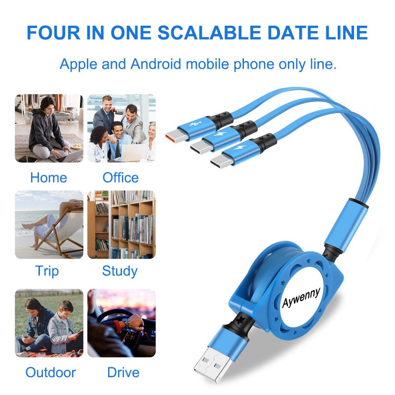 Aywenny USB Type C Retractable Cable Fast Charging[3.3Ft 3-Pack],USB A to C Charger Cable,QC 3.0 Sync Data Charger Cord with 3 USB C Port Fits for iPhone17 16 15 Pro Max Plus, Pad, Galaxy S23 (Blue) - Image 3