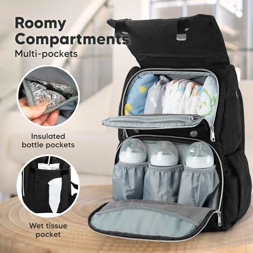 KeaBabies Baby Diaper Bag Backpack with Changing Pad Waterproof Baby Bag for Mom and Dad Insulated Bottle Pockets Durable Toddler Twin Boy Girl Diaper Backpack for Travel Large Trendy Black - Image 3