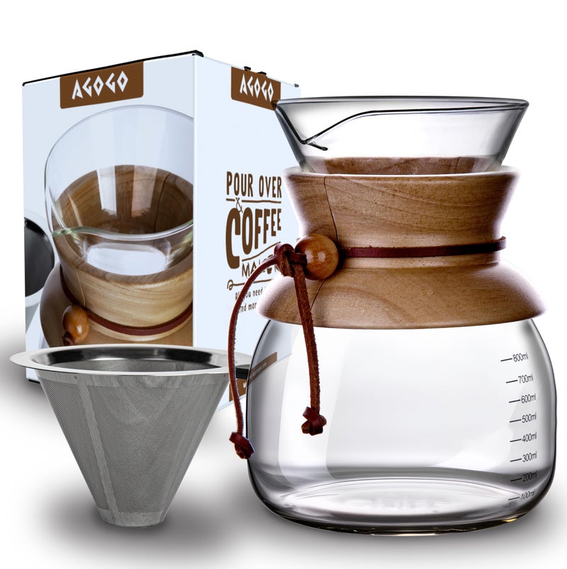 AGOGO Pour Over Coffeemaker Dripper with 304 Stainless Steel Filters Carafe High Capacity 8 Cup