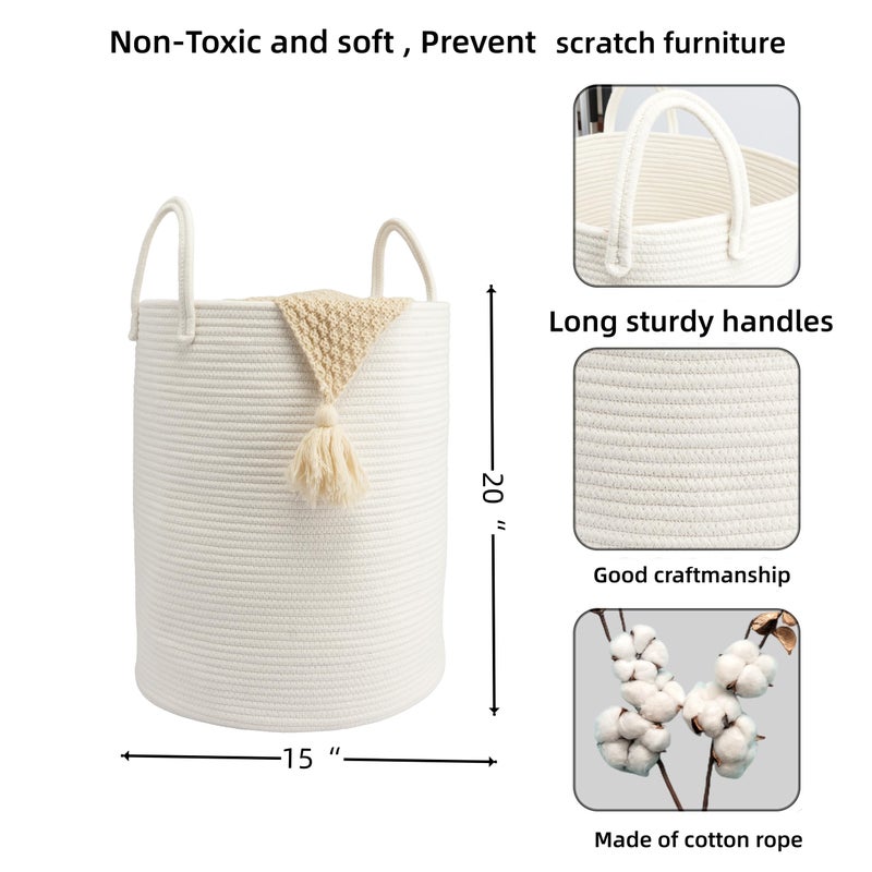 JUNBOLE Woven Cotton Rope Laundry basket-15â€X20â€ Laundry Hamper-Rope Storage Basket for Dirty Clothes, Toys and Blankets Perfect for Bathroom, Baby nursery and Living Room Storage (white) - Image 2