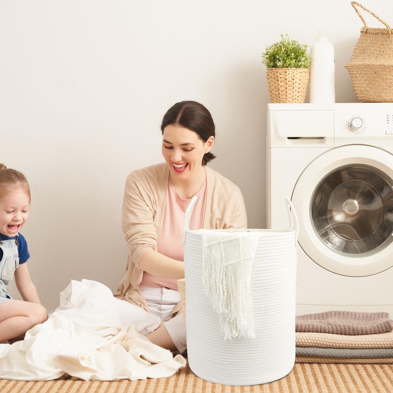 JUNBOLE Woven Cotton Rope Laundry basket-15â€X20â€ Laundry Hamper-Rope Storage Basket for Dirty Clothes, Toys and Blankets Perfect for Bathroom, Baby nursery and Living Room Storage (white) - Image 4