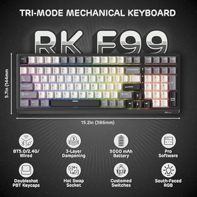RK F99 WIRELESS MECHANICAL KEYBOARD WITH NUMPER PAD, TRI-MODE HOT SWAPPABLE 95%100 KEYS GAMING KEYBOARD BT/2.4G/USB-C, PRO SOFTWARE, 5000MAH BATTERY, CUSTOMED TACTILE BEIGE SWITCHES - Image 2