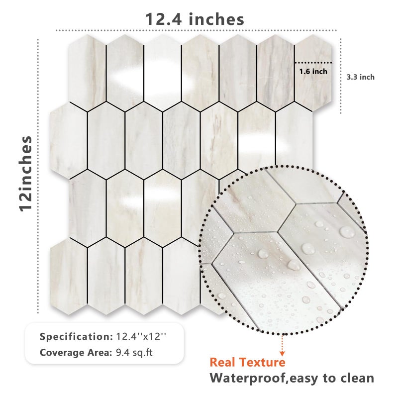 Vamos Tile Long Hexagon Peel and Stick Backsplash Tile - 10 Sheets Stick on Backsplash for Kitchen and Bathroom 12.4 x 12 Inch Glossy Wood Grain PVC Self Adhesive Mosaic Wall Tiles - Image 5