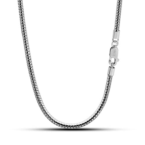 Dankadi Italy 925 Sterling Silver Snake Chain Necklace Men & Women 3MM-4MM Rolo Link Round Chain Chokers 16 "18 "20" 22 "24" 26 "28" 30" Unisex Fine Jewelry Gift (3MM, 16 inches) - Image 1