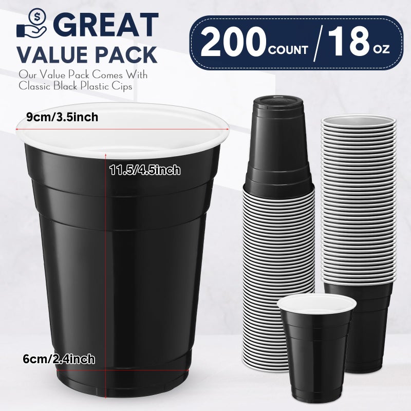 Zopeal 200 Count 18 Ounce Plastic Disposable Cups Beverage Drinking Heavy Duty Large Party Cold Drink Plastic Cups for Birthday Graduation Halloween Drinks Soda Punch Barbecues Picnics(Black) - Image 2