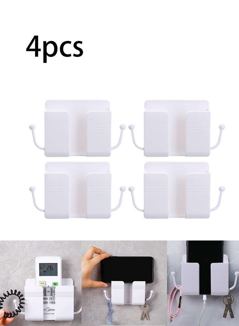 4PCS Wall Mount Mobile Phone Holder, Mobile Phone Holder with Data Cable Receiving Port, Remote Control Stand, With Hook, For Home, Office (White) - Image 1