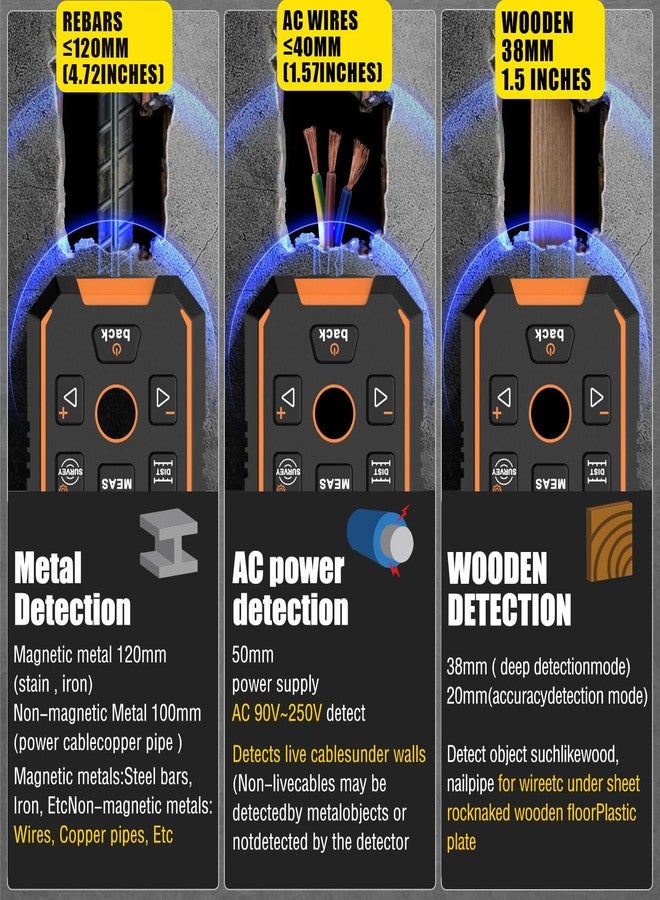 NOYAFA NF-518S Wall Scanner Stud Sensor 3IN1 Stud Detector Beam Detector Laser Rangefinder Digital Level Meter Tape Measure for Metal, Wood, Joists, AC Cord Rechargeable, Voice Annunciation - Image 3