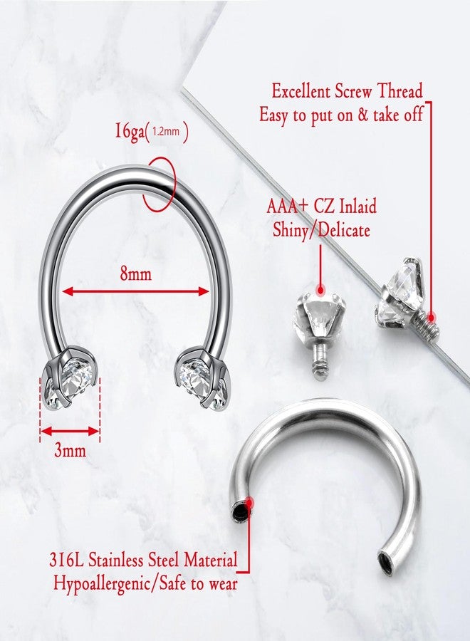 PiercingJ 2-6pcs 16G Clear Cubic Zirconia Stainless Steel Horseshoe Hoop Multi-functional Captive Ring for Nose Daith Lip Eyebrow Nipple Ear Cartilage Helix Septum - Image 3