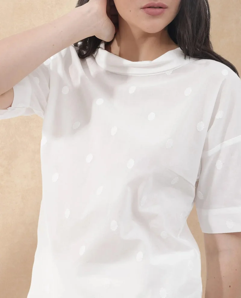 Rareism Women's Polka Embroidered Boxy Top With High Neck