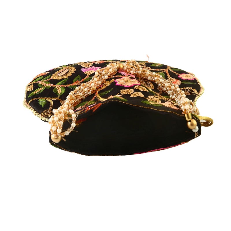 BINORI Rajasthani Style Royal Clutch Silk Batwa Bag Wristlets Embroidered Potli Bag With Floral Design, Pearl Handle, Traditional Drawstring Purse - Image 2