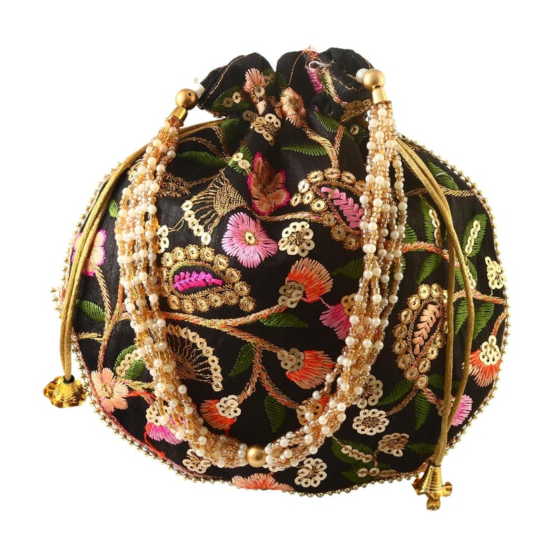 BINORI Rajasthani Style Royal Clutch Silk Batwa Bag Wristlets Embroidered Potli Bag With Floral Design, Pearl Handle, Traditional Drawstring Purse - Image 1