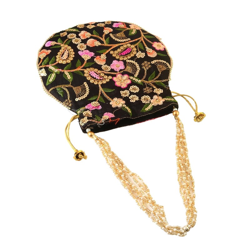 BINORI Rajasthani Style Royal Clutch Silk Batwa Bag Wristlets Embroidered Potli Bag With Floral Design, Pearl Handle, Traditional Drawstring Purse - Image 3