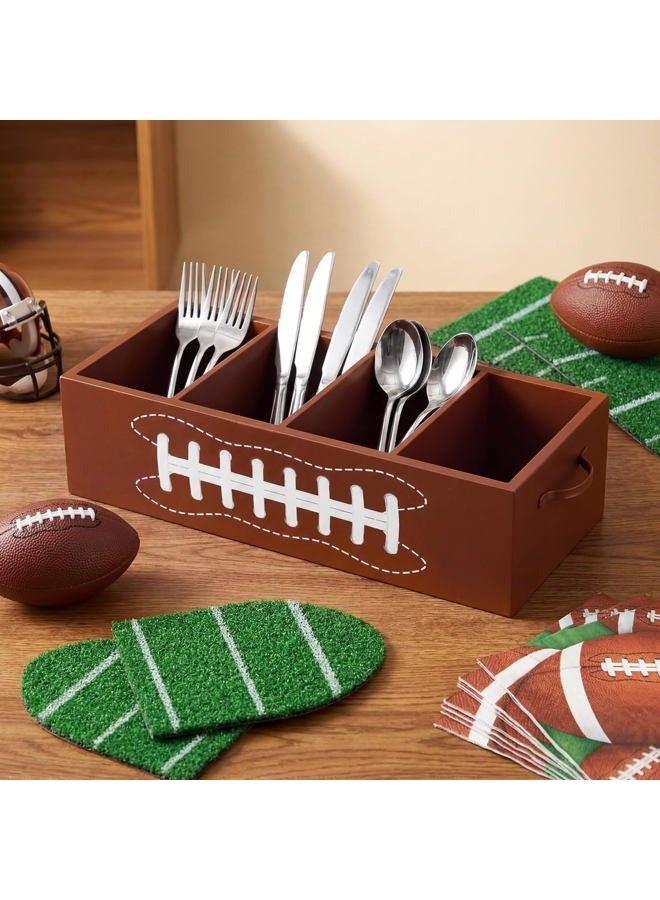 Suclain Football Utensil Caddy 4 Pockets Wooden Utensils Tailgate Caddies Divided Organizer Brown Cutlery Cup Napkin Holder with Handles for Football Party Supplies Game Day Decor 13" x 5.5" x 3" - Image 4