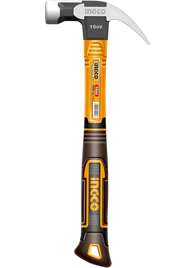 INGCO 16oz Claw Hammer with Magnetic Nail Holder, Durable Drop-Forged Carbon Steel Head, Fiberglass Handle for Comfortable Grip, Perfect for Carpentry, DIY, and Home Repairs - Image 1