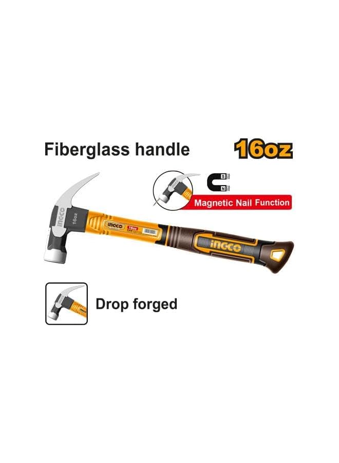 INGCO 16oz Claw Hammer with Magnetic Nail Holder, Durable Drop-Forged Carbon Steel Head, Fiberglass Handle for Comfortable Grip, Perfect for Carpentry, DIY, and Home Repairs - Image 2