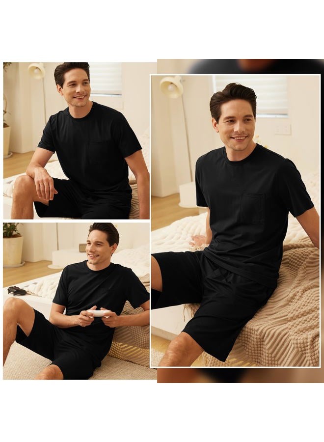 BAMBOO COOL Mens Pajama Set Sleepwear Pjs Lightweight Short Sleeve Shirts Soft Breathable Fresh Sleep Sets with Pockets S-3XL, C-black, L - Image 2