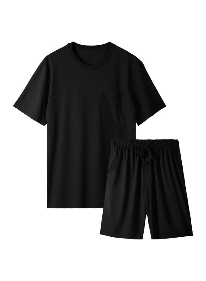 BAMBOO COOL Mens Pajama Set Sleepwear Pjs Lightweight Short Sleeve Shirts Soft Breathable Fresh Sleep Sets with Pockets S-3XL, C-black, L - Image 1