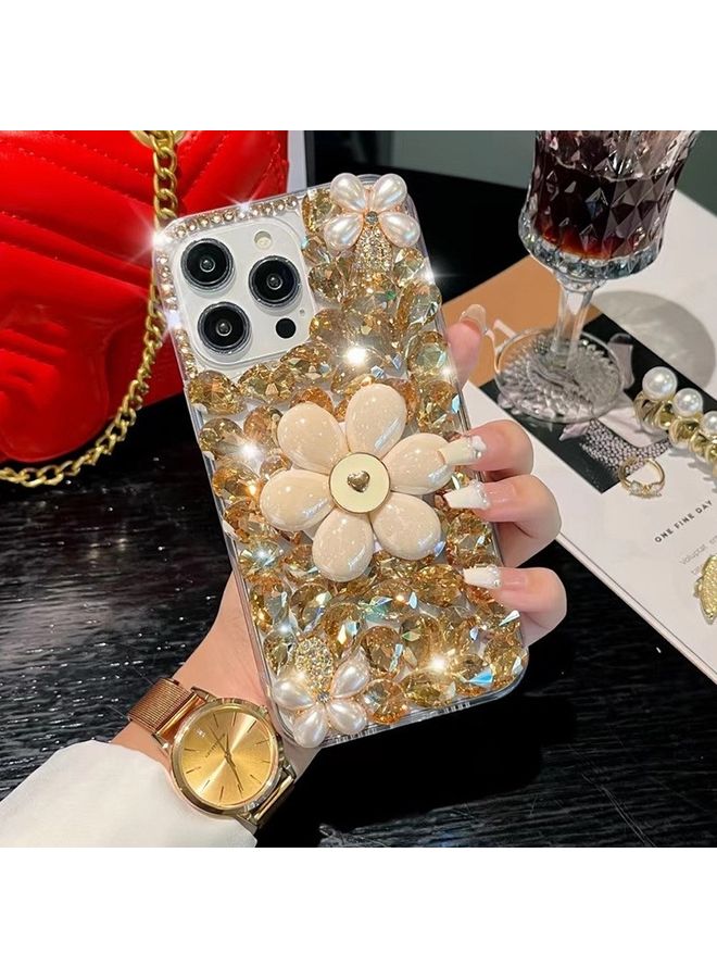HuHa Case Cover For iPhone 13 Pro Max Sunflower Holder Hand-set Diamond PC Phone Case Gold 