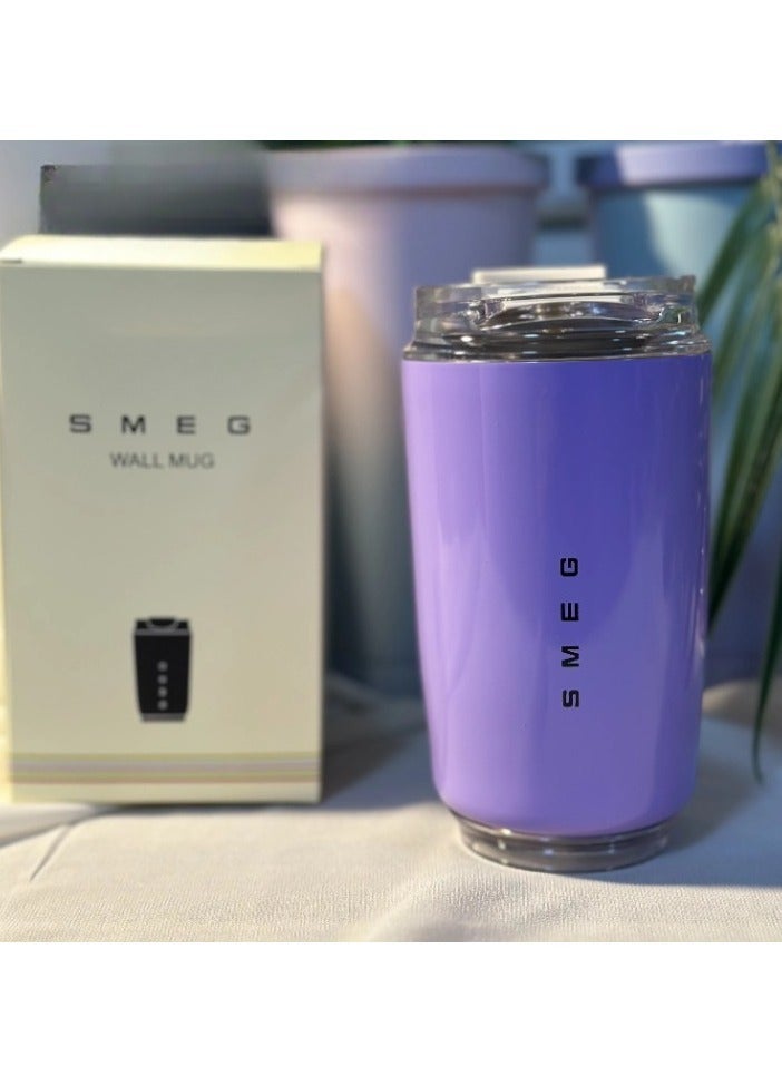 smeg كوب سفر، كوب قهوة معزول، كوب قهوة حراري من الفولاذ المقاوم للصدأ قابل لإعادة الاستخدام، حاوية مشروبات خفيفة ومحمولة للمكتب والسفر، (عبوة من 2 قطعة، 350 مل، بنفسجي ووردي) - Image 2