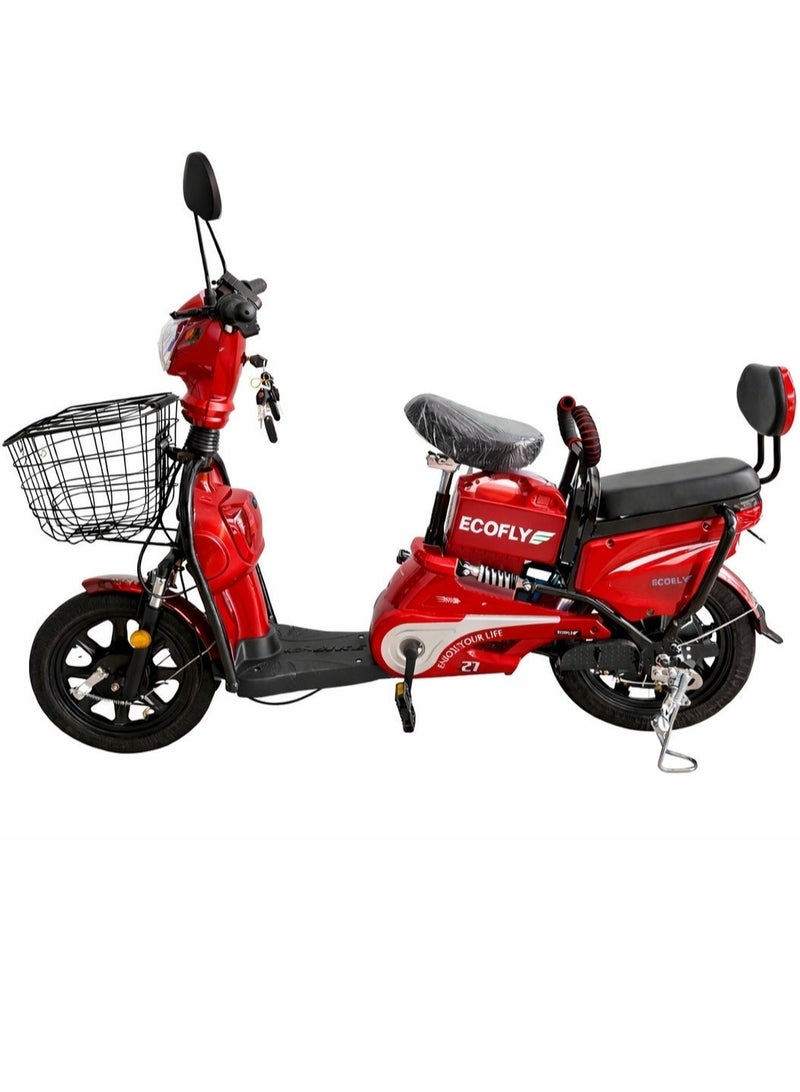ECOFLY Electric Scooter Delivery E-Bike for Adults 500W 48V High Speed 58KM/H 3 Gear Modes Double Seat with Backrest Front Basket Mobile Charging Holder Digital Display Anti-Theft System 16 Inch Tires Red - Image 1
