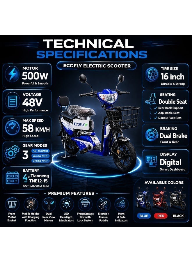 ECOFLY Electric Scooter Delivery E-Bike for Adults 500W 48V High Speed 58KM/H 3 Gear Modes Double Seat with Backrest Front Basket Mobile Charging Holder Digital Display Anti-Theft System 16 Inch Tires Red - Image 5