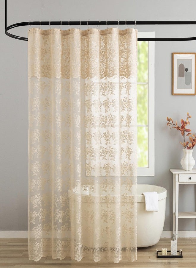 TUDECO Lace Beige Shower Curtain with Valance- Farmhouse Boho Sheer Floral Neutral Shower Curtain for Bathroom, Antique Scalloped Edges Tan Decorative Grandma Core Decor, 1 Panel, 72 x 72 Inch - Image 1