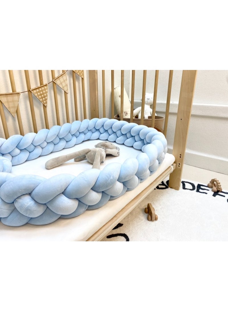 unikbebe 2M Baby Cot Bumper, Hand-Woven Soft Knot Pillow Crib Protector, 3-Strand & 4-Strand Braided Light Blue Bumper for Baby Beds and Cribs, Safe and Durable Bedding Cushion - Image 1