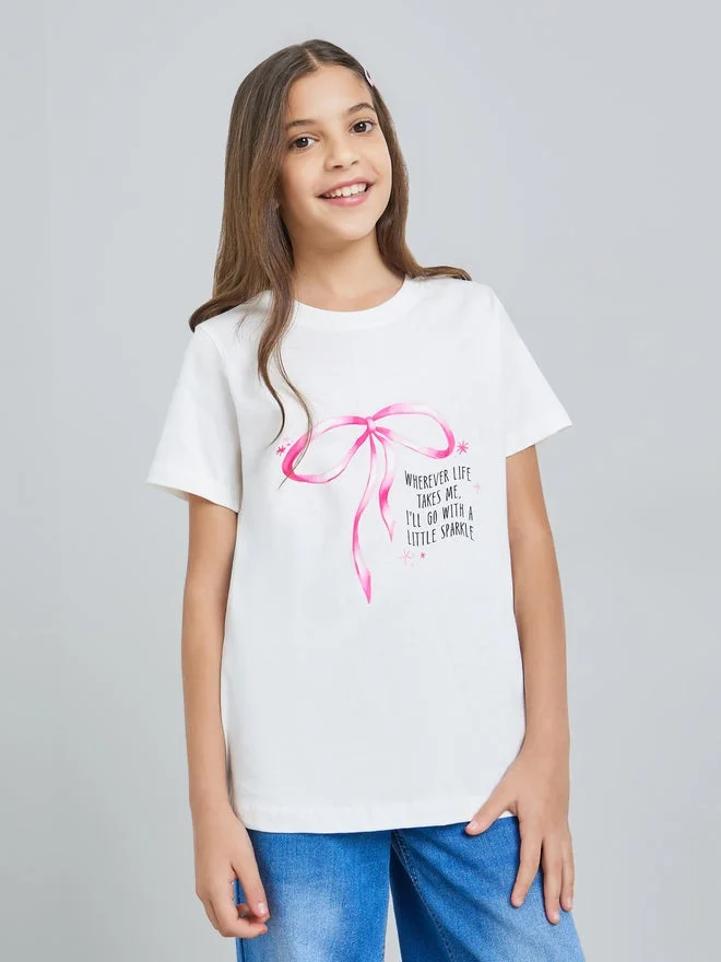 ستايلي Styli Girls Off White Cotton Graphic Print T-Shirt