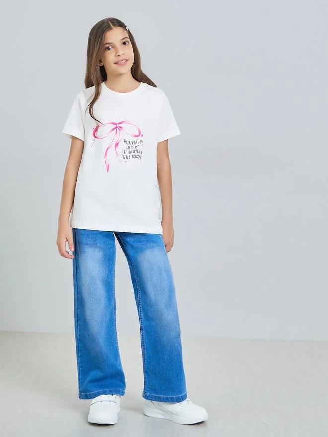 ستايلي Styli Girls Off White Cotton Graphic Print T-Shirt