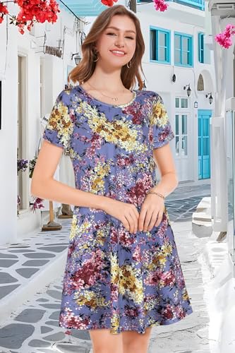 elescat Summer Dress for Women Sundress Beach Tshirt Short Sleeve Flowy with Pockets Coverup(Purple Yellow Floral, L) - Image 3