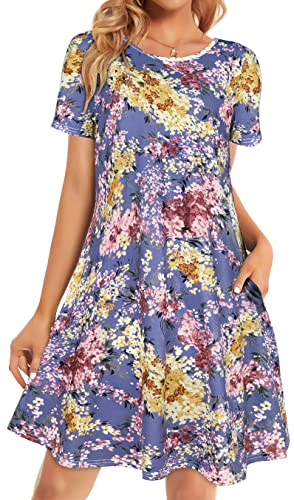 elescat Summer Dress for Women Sundress Beach Tshirt Short Sleeve Flowy with Pockets Coverup(Purple Yellow Floral, L) - Image 1