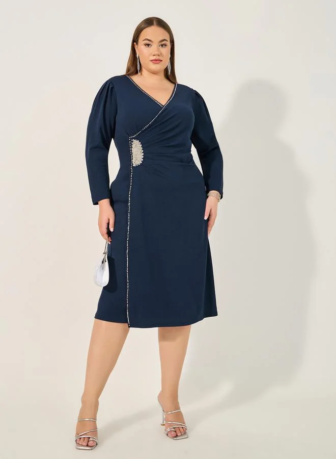 Styli Plus Size Embellished Wrap Look Sheath Midi Dress
