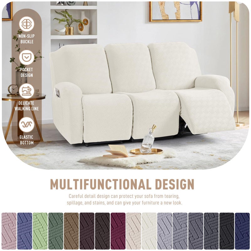 KinCam Recliner Covers, Stretch Reclining Chair Covers, Recliner Sofa Slipcovers Stripe Jacquard Recliner Couch Covers Furniture Protector Covers for Pet Kid (3 Seater, Cream) - Image 5