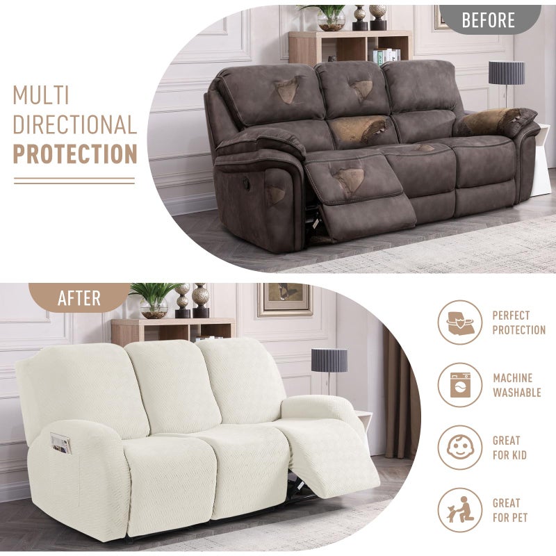 KinCam Recliner Covers, Stretch Reclining Chair Covers, Recliner Sofa Slipcovers Stripe Jacquard Recliner Couch Covers Furniture Protector Covers for Pet Kid (3 Seater, Cream) - Image 4