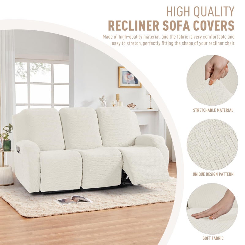 KinCam Recliner Covers, Stretch Reclining Chair Covers, Recliner Sofa Slipcovers Stripe Jacquard Recliner Couch Covers Furniture Protector Covers for Pet Kid (3 Seater, Cream) - Image 3